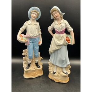 Vtg Porcelain Boy‎ & Girl Figurines Set Farm Couple Cottagecore Decor 8.25"